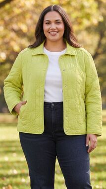 Lands' End Quilted Snap Front Jacket Lime Green Geometric Pattern Plus Size 2X